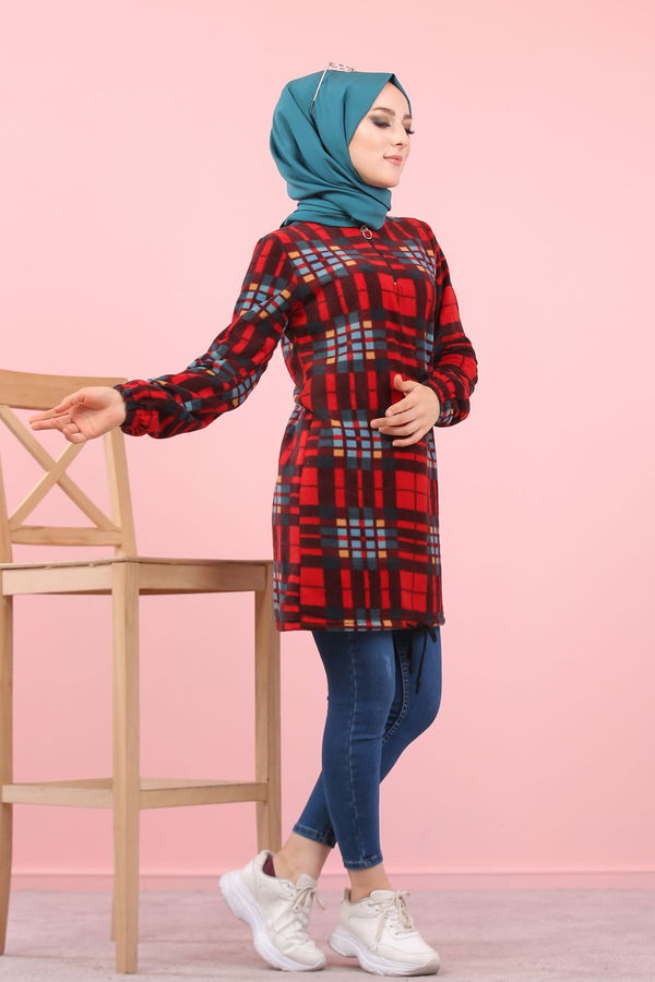 Düz Orta Kadın Bordo Yarım Fermuar Polar Tunik Ekru  - 8121