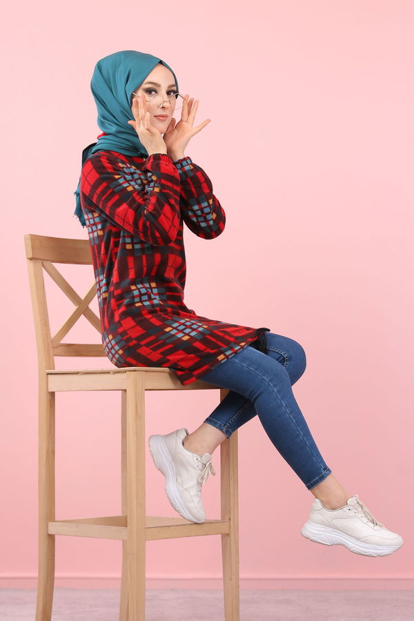 Düz Orta Kadın Bordo Yarım Fermuar Polar Tunik Ekru  - 8121