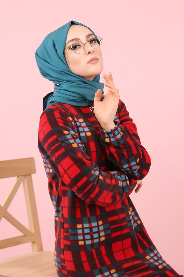 Düz Orta Kadın Bordo Yarım Fermuar Polar Tunik Ekru  - 8121