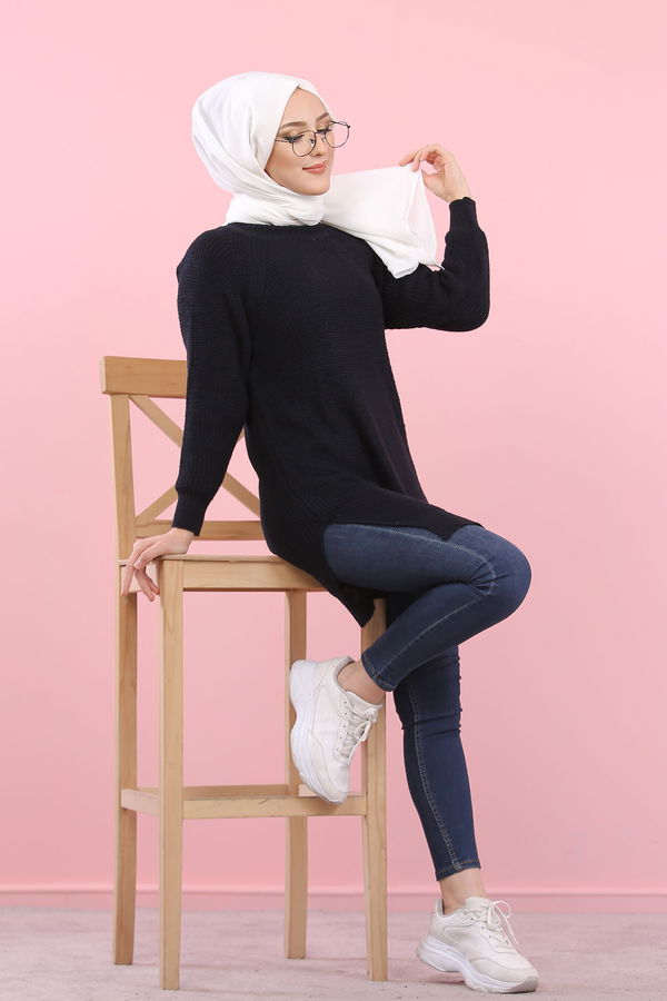Düz Orta Kadın Siyah Triko Tunik Siyah  - 8144