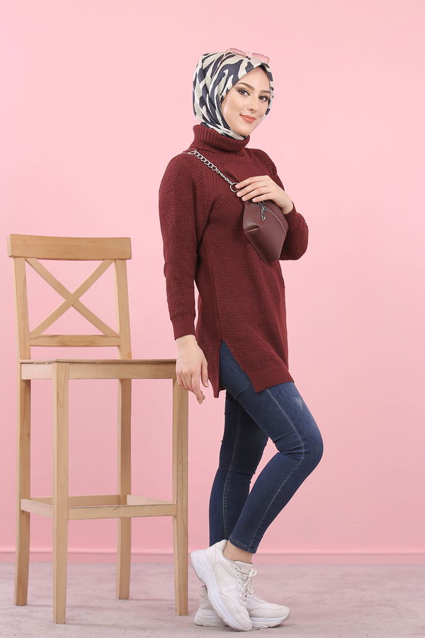 Düz Orta Kadın Bordo Triko Tunik Siyah  - 8144 BORDO