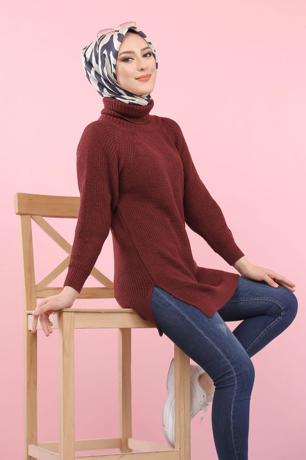 Düz Orta Kadın Bordo Triko Tunik Siyah  - 8144 BORDO