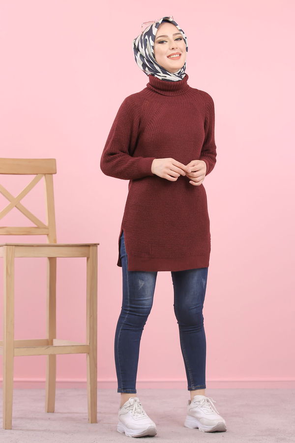 Düz Orta Kadın Bordo Triko Tunik Siyah  - 8144 BORDO