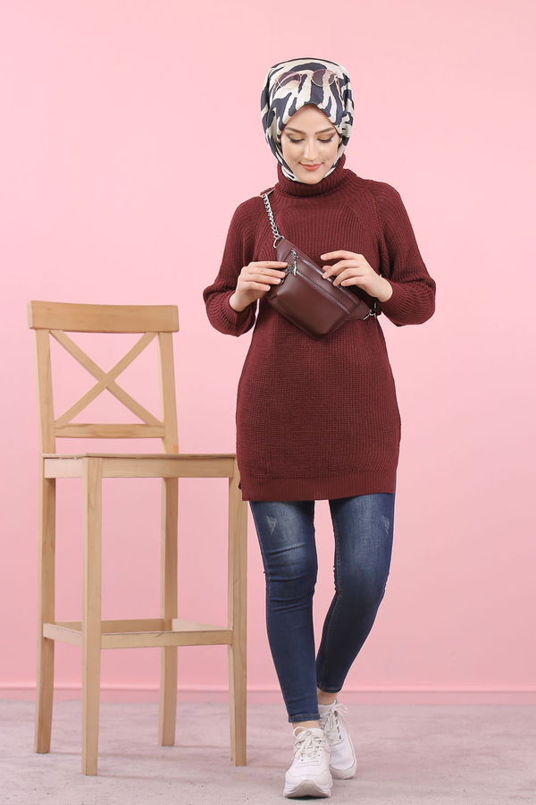 Düz Orta Kadın Bordo Triko Tunik Siyah  - 8144 BORDO