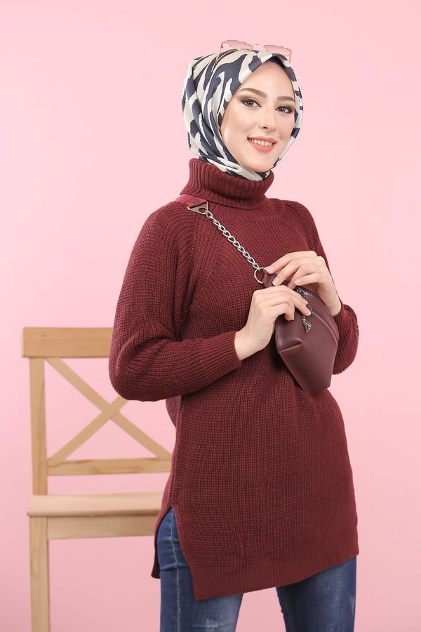 Düz Orta Kadın Bordo Triko Tunik Siyah  - 8144 BORDO