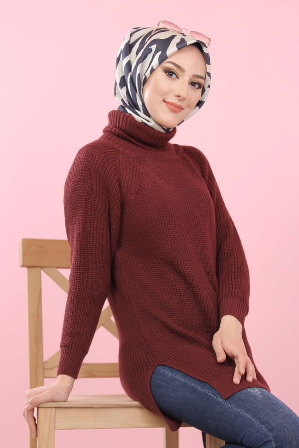 Düz Orta Kadın Bordo Triko Tunik Siyah  - 8144 BORDO