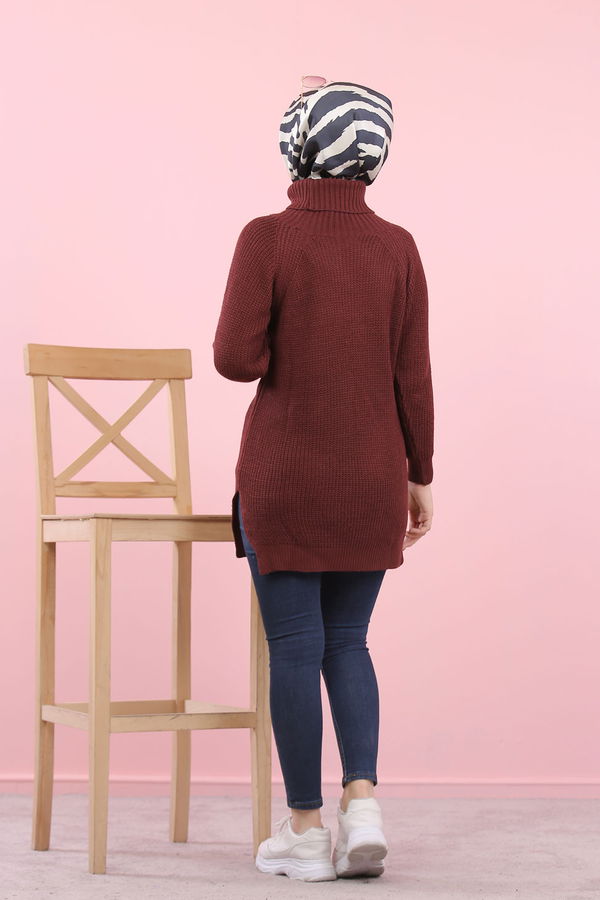 Düz Orta Kadın Bordo Triko Tunik Siyah  - 8144 BORDO
