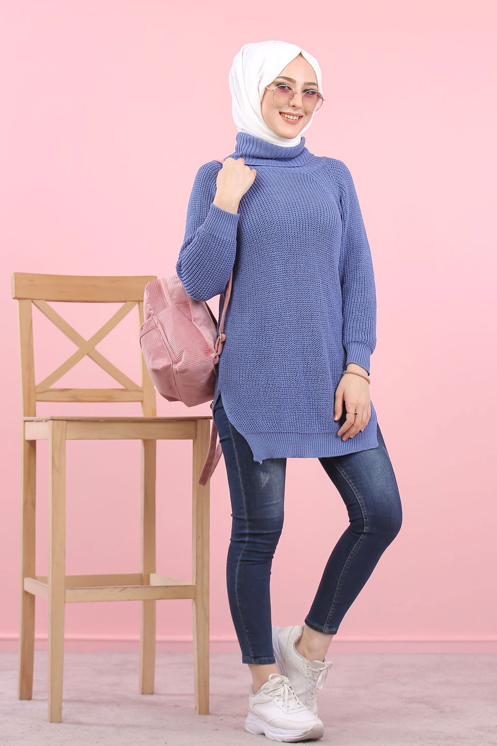 Düz Orta Kadın Mavi Triko Tunik Siyah  - 8144 MAVİ