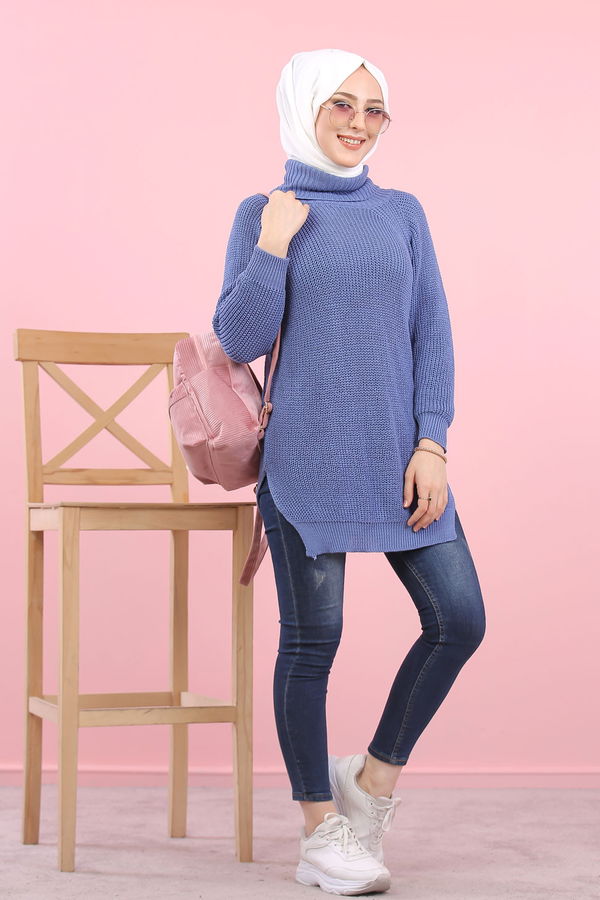 Düz Orta Kadın Mavi Triko Tunik Siyah  - 8144 MAVİ