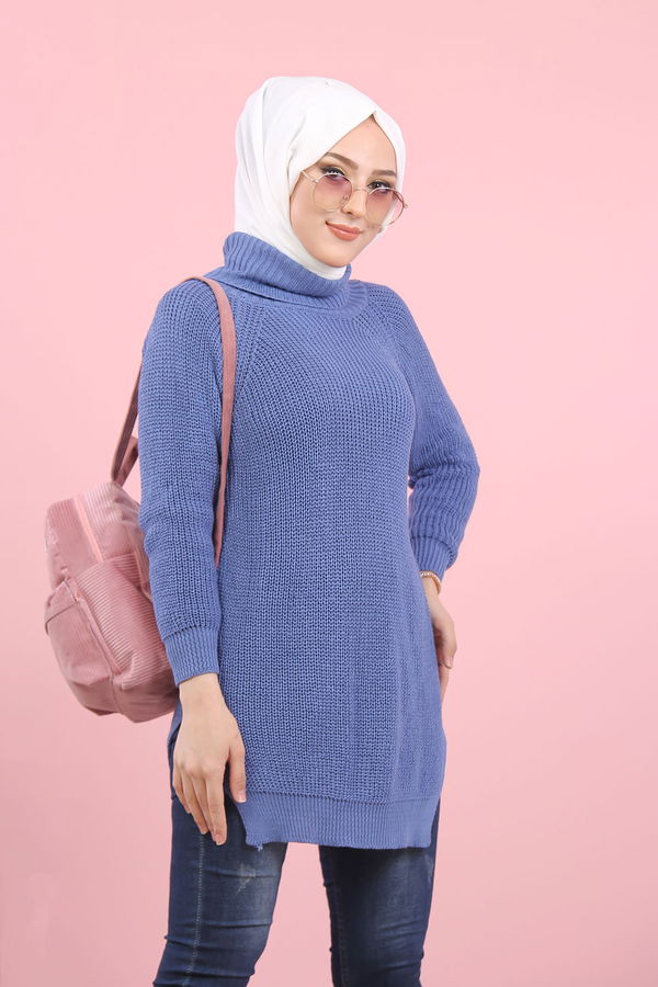 Düz Orta Kadın Mavi Triko Tunik Siyah  - 8144 MAVİ