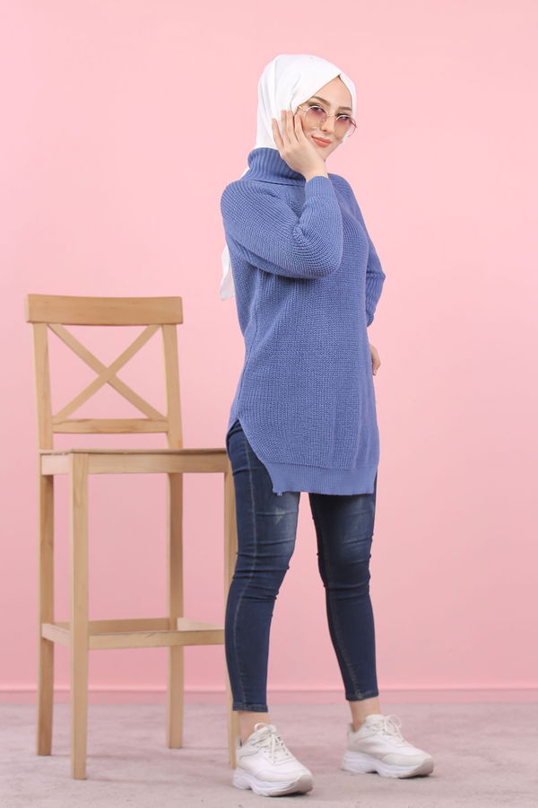 Düz Orta Kadın Mavi Triko Tunik Siyah  - 8144 MAVİ