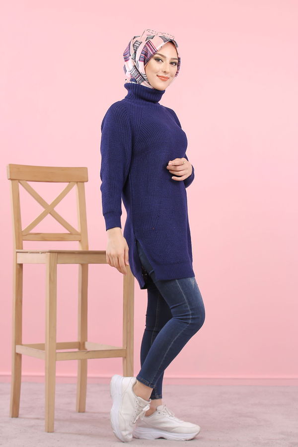 Düz Orta Kadın Lacivert Triko Tunik Siyah  - 8144 LACİVERT