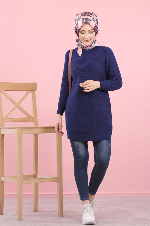 Düz Orta Kadın Lacivert Triko Tunik Siyah  - 8144 LACİVERT