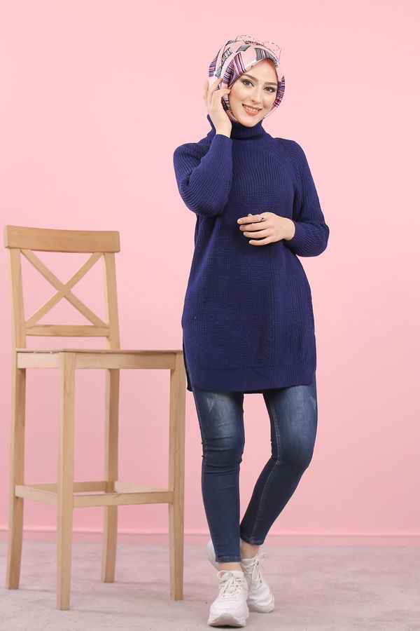 Düz Orta Kadın Lacivert Triko Tunik Siyah  - 8144 LACİVERT