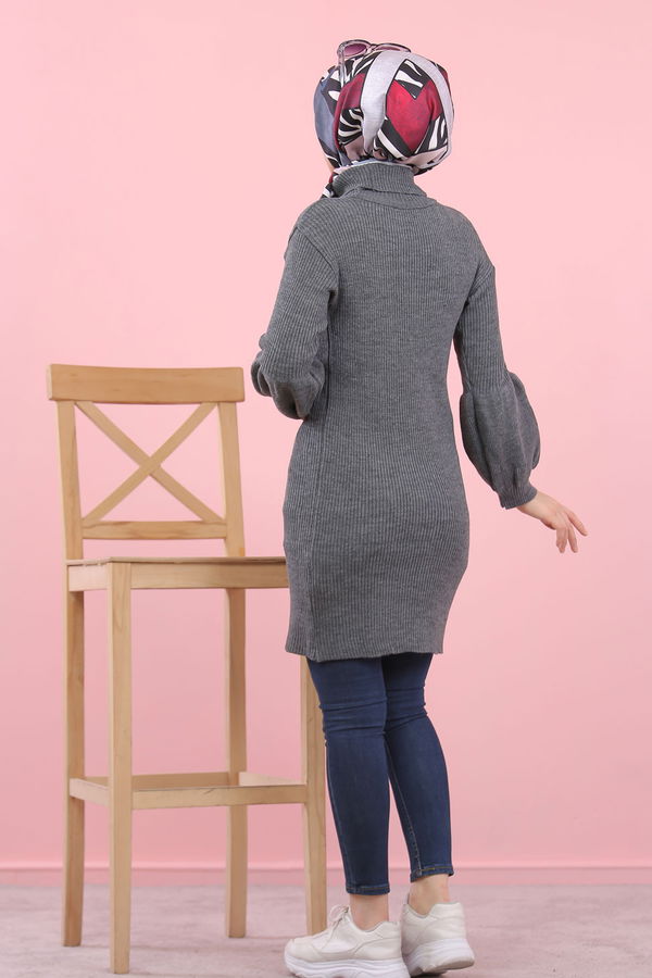 Düz Orta Kadın Antrasit Bogazlı Triko Tunik   - 8232