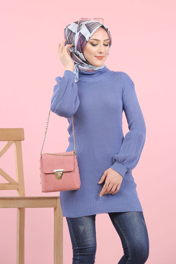 Düz Orta Kadın Mavi Bogazlı Triko Tunik   - 8232 MAVİ