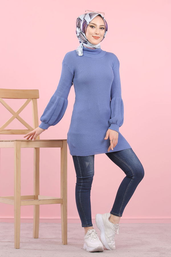 Düz Orta Kadın Mavi Bogazlı Triko Tunik   - 8232 MAVİ