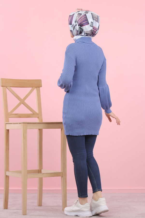 Düz Orta Kadın Mavi Bogazlı Triko Tunik   - 8232 MAVİ