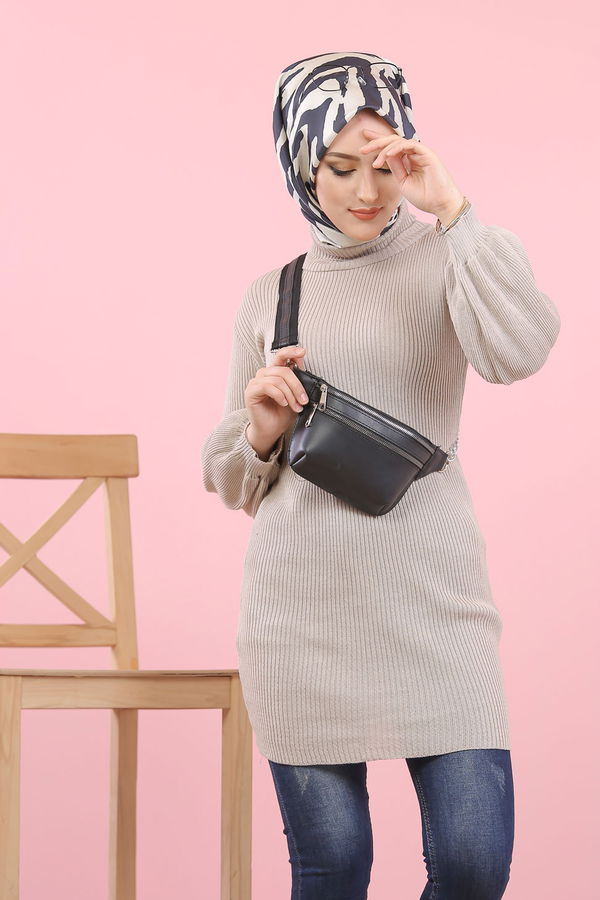 Düz Orta Kadın Bej Bogazlı Triko Tunik   - 8232