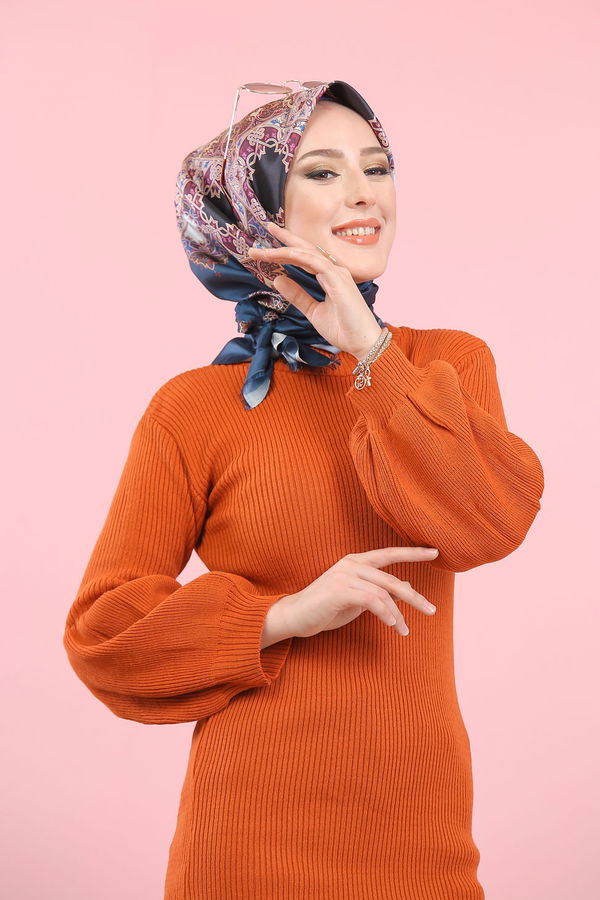 Düz Orta Kadın Kiremit Bogazlı Triko Tunik   - 8232 KİREMİT