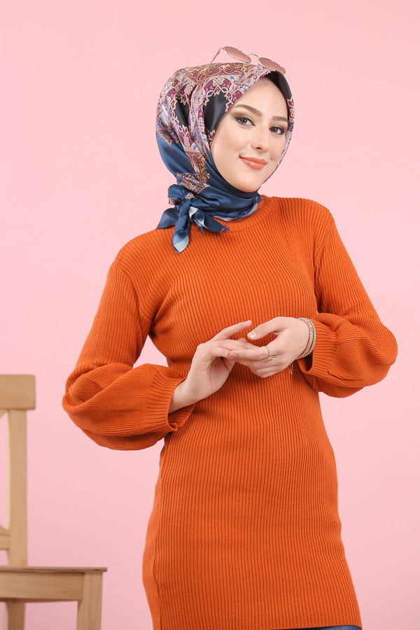 Düz Orta Kadın Kiremit Bogazlı Triko Tunik   - 8232 KİREMİT