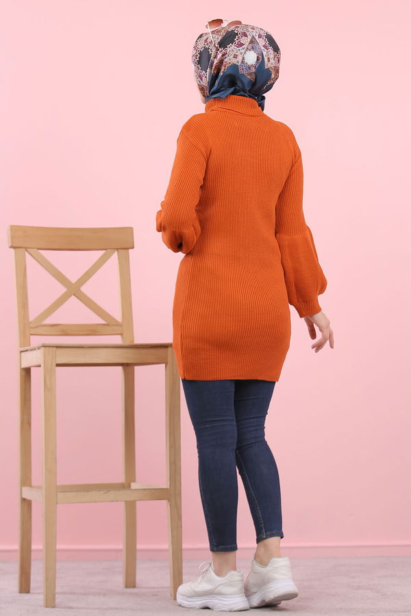 Düz Orta Kadın Kiremit Bogazlı Triko Tunik   - 8232 KİREMİT
