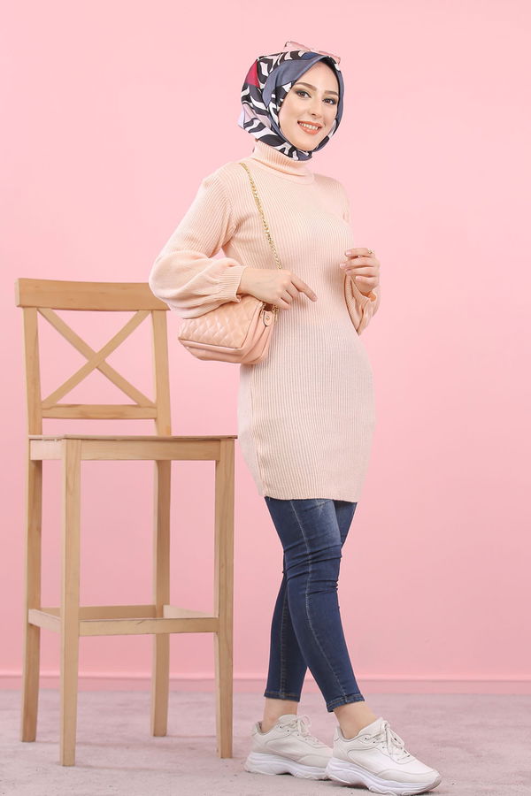 Düz Orta Kadın Pembe Bogazlı Triko Tunik   - 8232