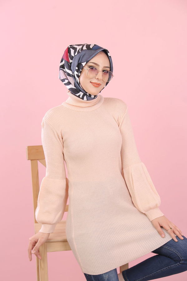 Düz Orta Kadın Pembe Bogazlı Triko Tunik   - 8232