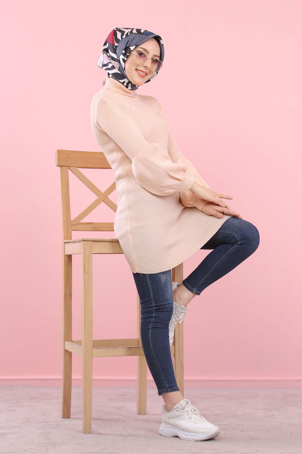 Düz Orta Kadın Pembe Bogazlı Triko Tunik   - 8232