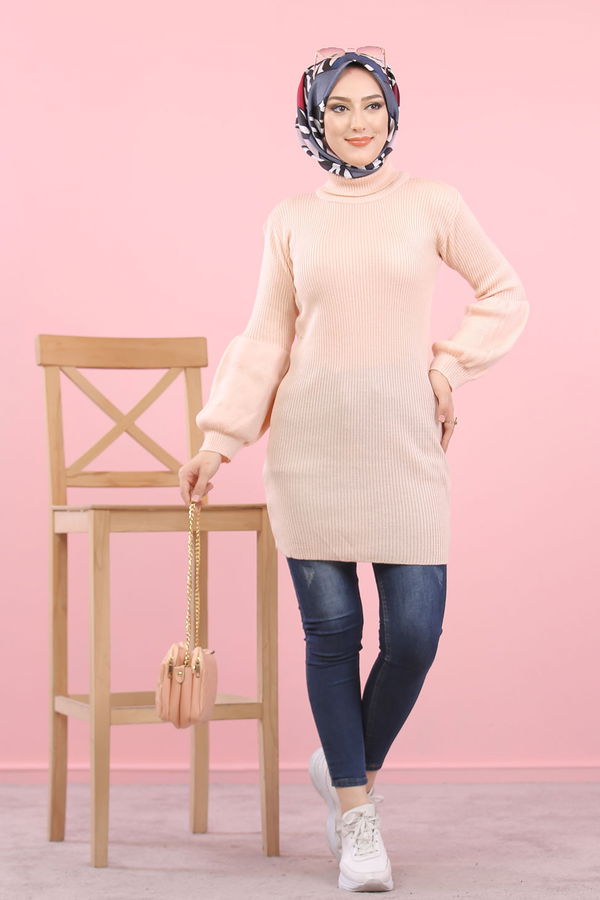 Düz Orta Kadın Pembe Bogazlı Triko Tunik   - 8232