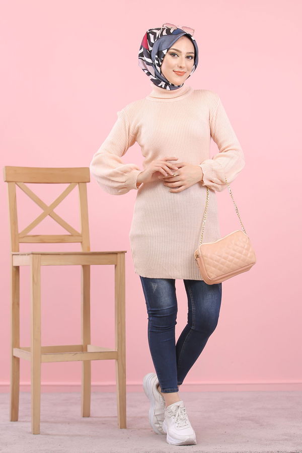 Düz Orta Kadın Pembe Bogazlı Triko Tunik   - 8232