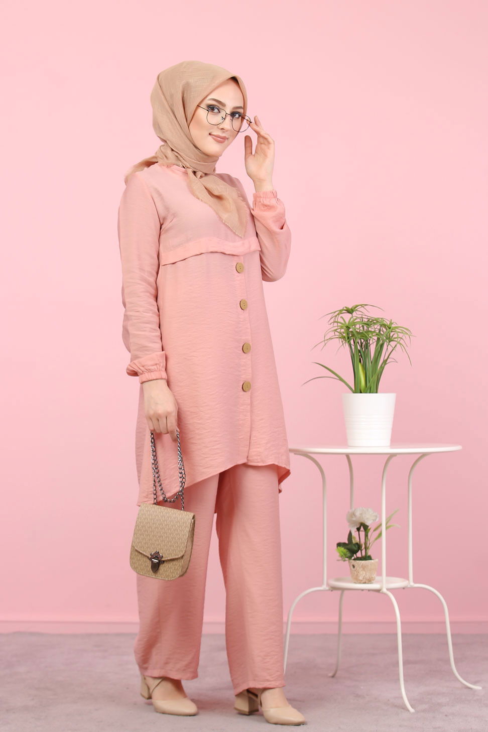 Düz Bisiklet Yaka Kadın Pembe 8386 DÜGME DETAY TUNİK - 8386 PEMBE