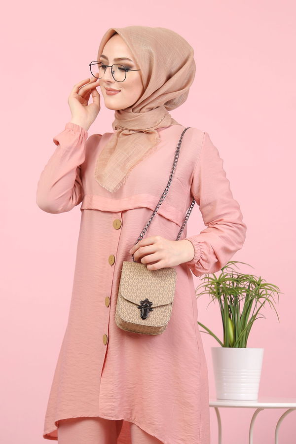 Düz Bisiklet Yaka Kadın Pembe 8386 DÜGME DETAY TUNİK - 8386 PEMBE
