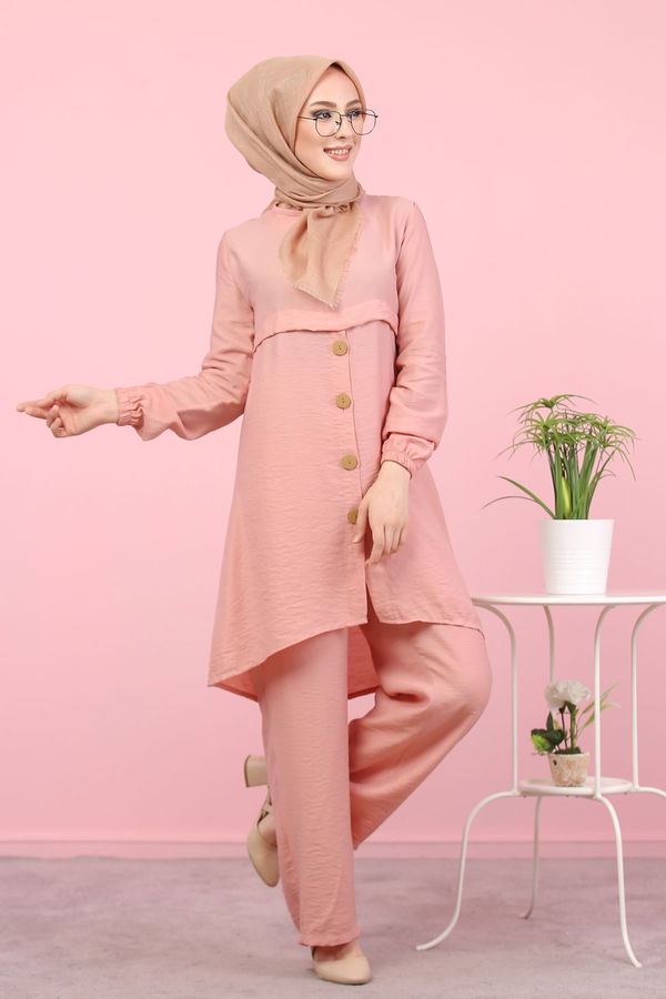 Düz Bisiklet Yaka Kadın Pembe 8386 DÜGME DETAY TUNİK - 8386 PEMBE