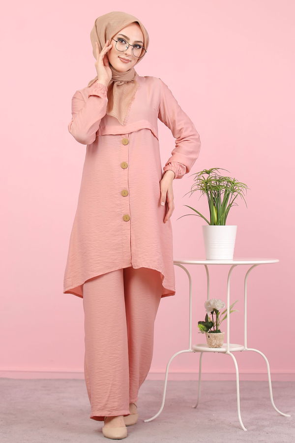 Düz Bisiklet Yaka Kadın Pembe 8386 DÜGME DETAY TUNİK - 8386 PEMBE