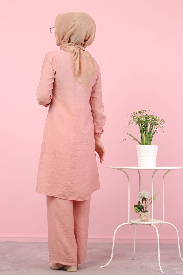 Düz Bisiklet Yaka Kadın Pembe 8386 DÜGME DETAY TUNİK - 8386 PEMBE