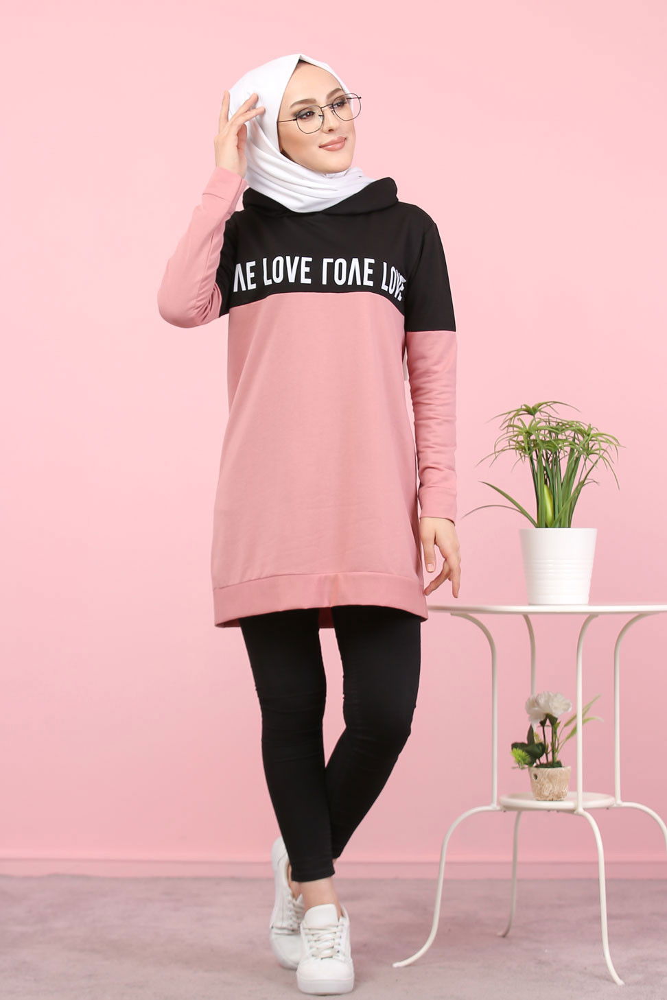 Düz Orta Kadın Pembe Baskılı Tunik Haki  - 7789