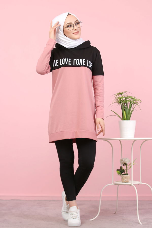Düz Orta Kadın Pembe Baskılı Tunik Haki  - 7789