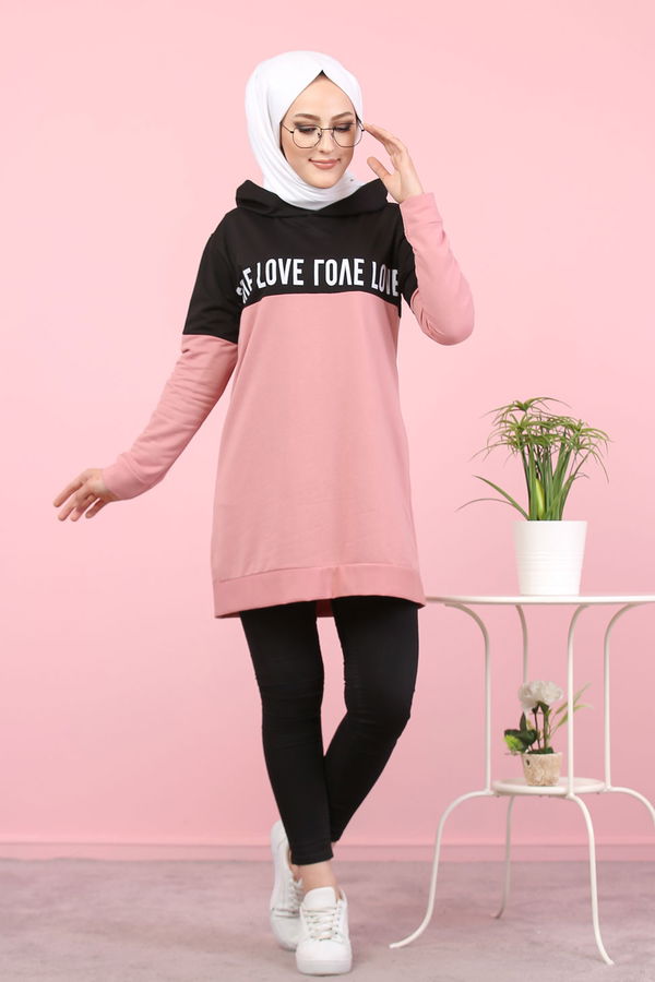 Düz Orta Kadın Pembe Baskılı Tunik Haki  - 7789