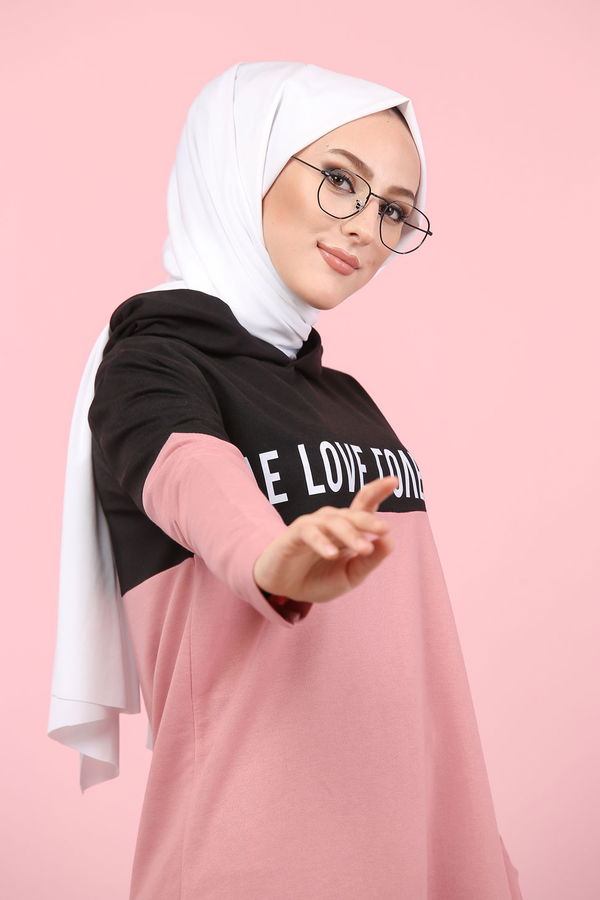 Düz Orta Kadın Pembe Baskılı Tunik Haki  - 7789