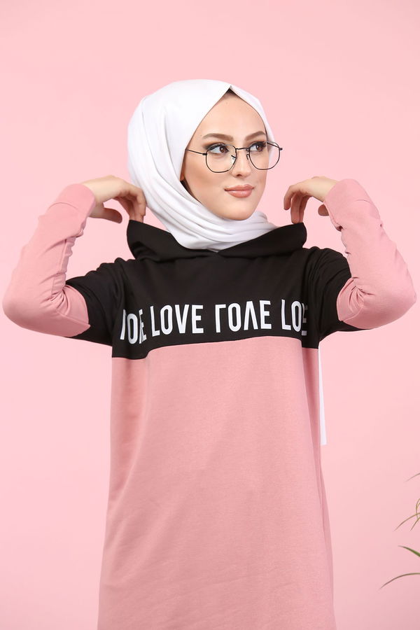 Düz Orta Kadın Pembe Baskılı Tunik Haki  - 7789