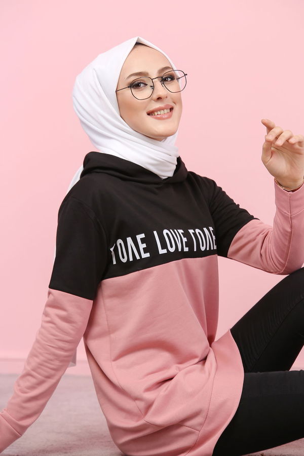 Düz Orta Kadın Pembe Baskılı Tunik Haki  - 7789