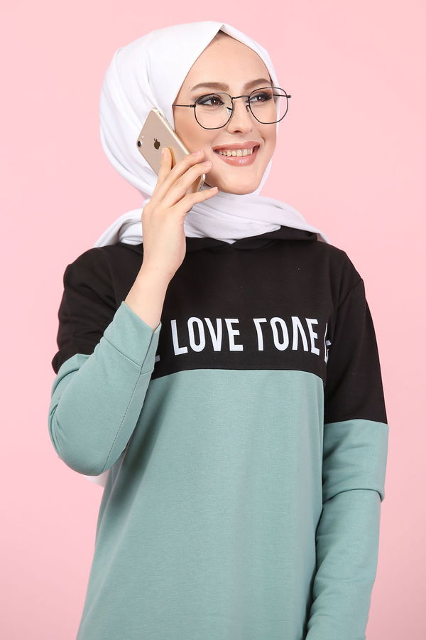 Düz Orta Kadın Yeşil Baskılı Tunik Haki  - 7789 YEŞİL