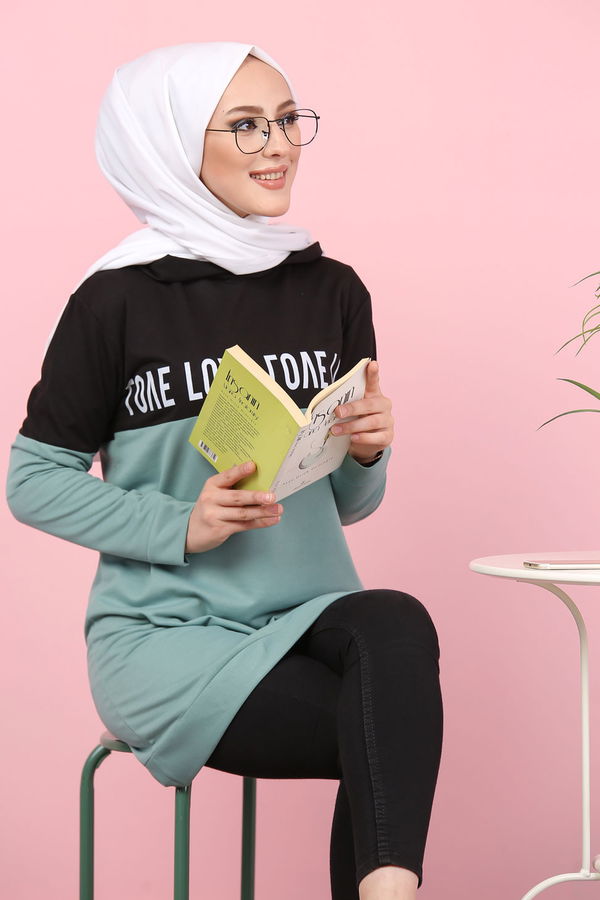 Düz Orta Kadın Yeşil Baskılı Tunik Haki  - 7789 YEŞİL