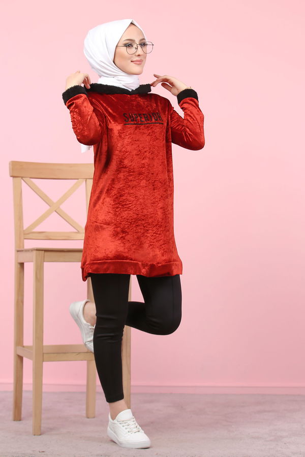 Düz Orta Kadın Kiremit Peluş Detaylı Tunik Siyah  - 7996 KİREMİT