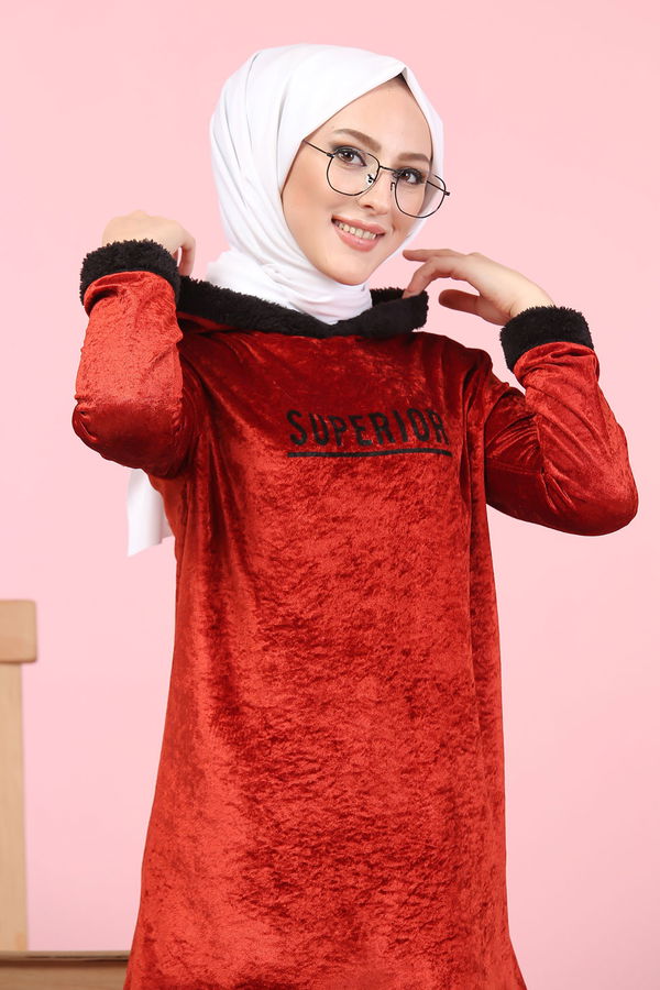 Düz Orta Kadın Kiremit Peluş Detaylı Tunik Siyah  - 7996 KİREMİT