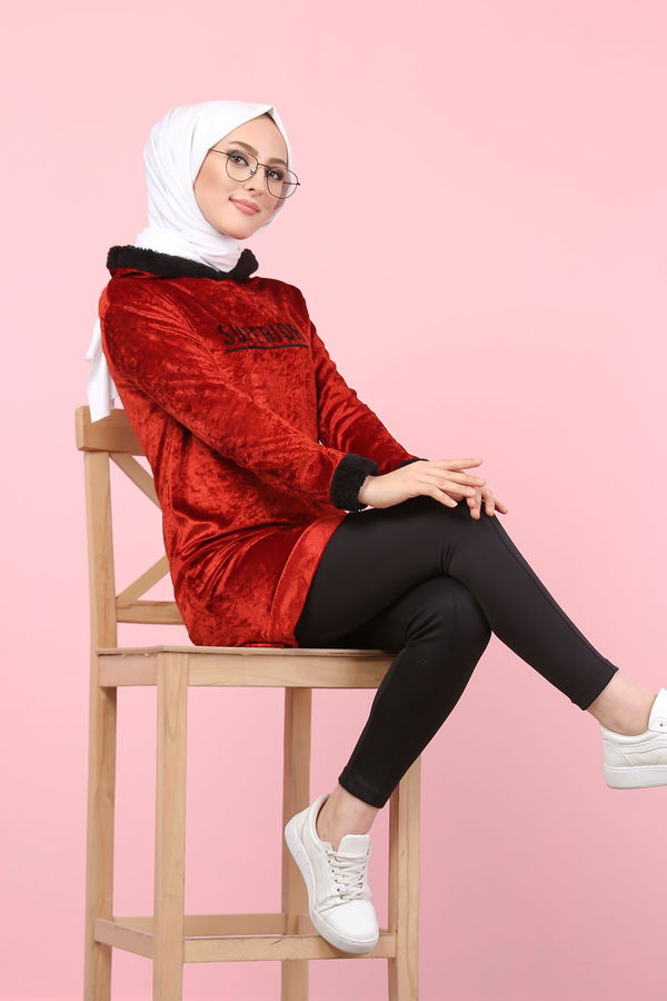 Düz Orta Kadın Kiremit Peluş Detaylı Tunik Siyah  - 7996 KİREMİT