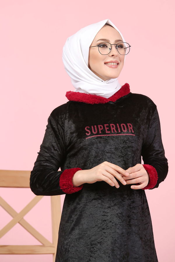 Düz Orta Kadın Siyah Peluş Detaylı Tunik Siyah  - 7996 SİYAH