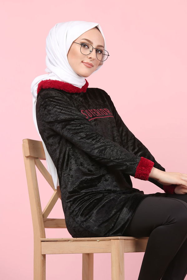Düz Orta Kadın Siyah Peluş Detaylı Tunik Siyah  - 7996 SİYAH
