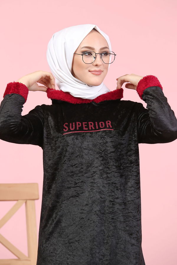Düz Orta Kadın Siyah Peluş Detaylı Tunik Siyah  - 7996 SİYAH
